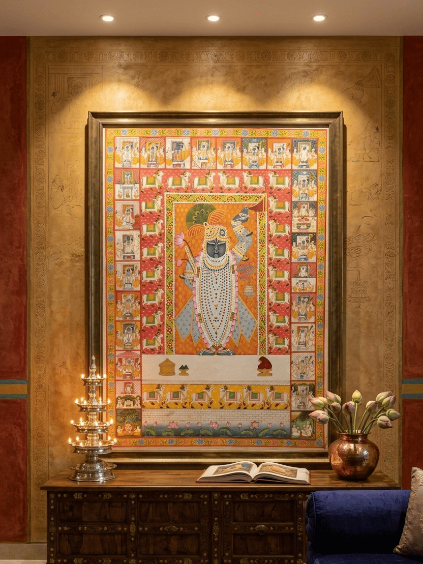 Handmade Shrinathji Darshan Pichwai Painting with Cow Border